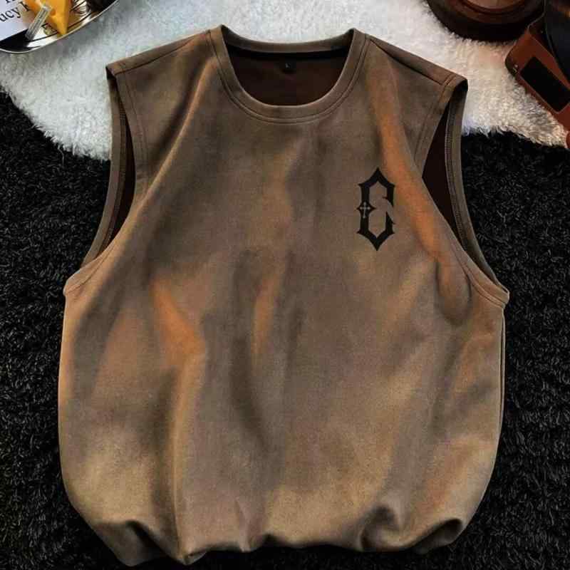 タンクトップ メンズ 男性用 スポーツウェア ポリエステル 運動着 無袖Tシャツ ルーズフィット 大きいサイズ ゆったり 普段使い ブラウン グレー