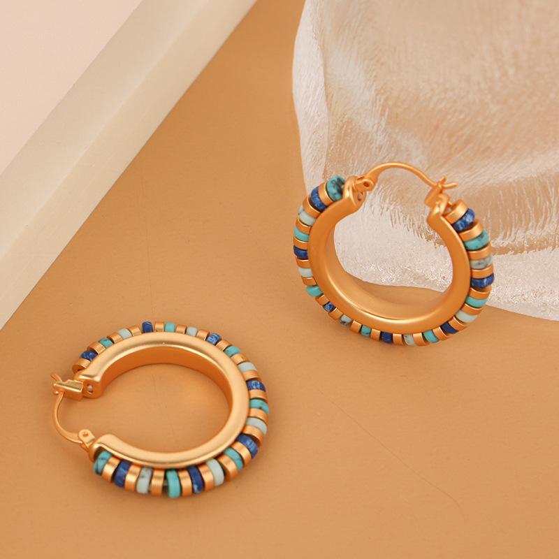 イヤリング レディース ボヘミアン ターコイズ 天然石 レトロ マット 電気メッキ加工 幾何学模様 ヨーロッパ 小さめ 高級感(4)