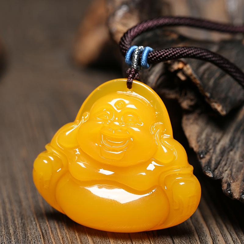 ネックレス メンズ レディース 琥珀 ミラー 仏 ペンダント 鶏油 黄色 オールド 蜜蝋 セーターチェーン ..