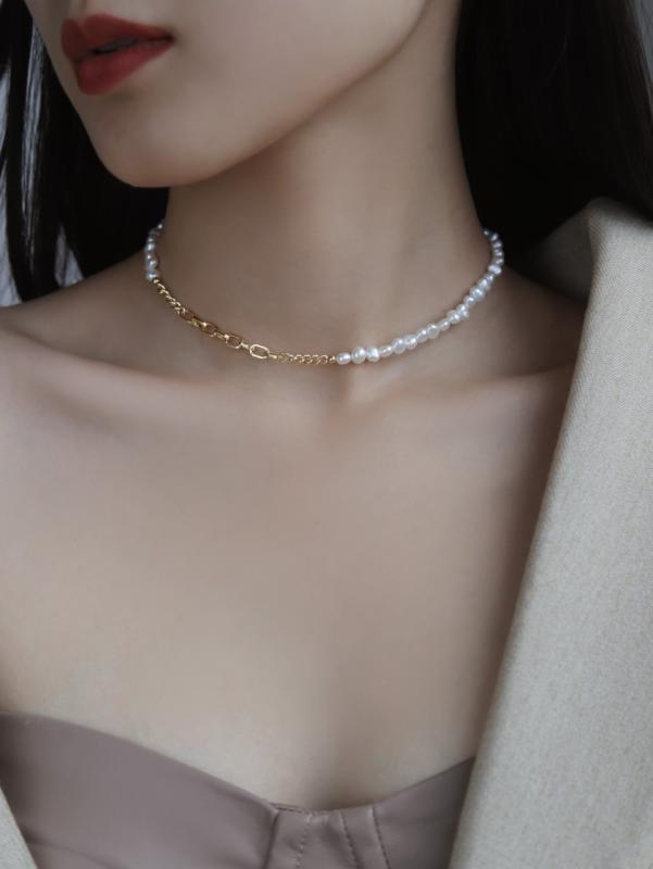 ネックレス レディース 淡水パール バロック 小粒 不規則 鎖骨チェーン チョーカー アレルギー対応 ホ..