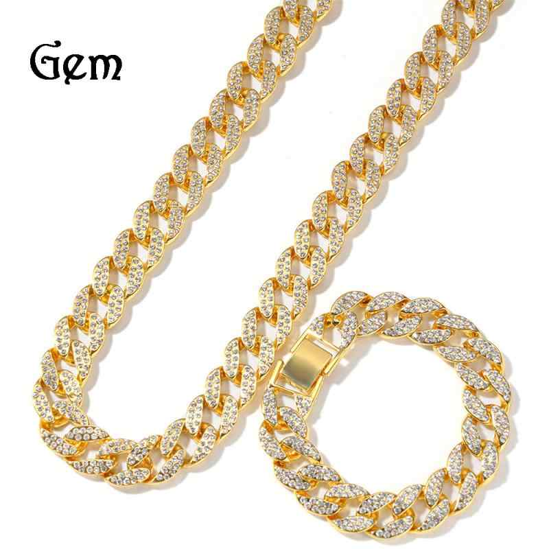 ネックレス メンズ ブレスレット セット キューバチェーン 合金 15mm 満点ジルコニア ヒップホップ ストリート 中性風 男性用 アクセサリー 金 銀