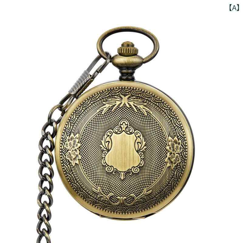 懐中時計 男性用 女性用 学生用 機械式 スケルトン 蓋付き レトロ アンティーク ペンダント ネックレス 古銅色 金色 銀色 黒2