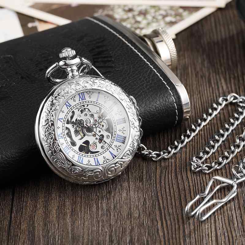 懐中時計 メンズ 男性用 スケルトン ローマ数字 シルバー オープンフェイス 機械式2