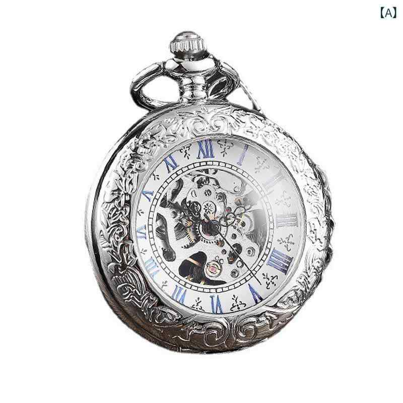 懐中時計 メンズ 男性用 スケルトン ローマ数字 シルバー オープンフェイス 機械式2