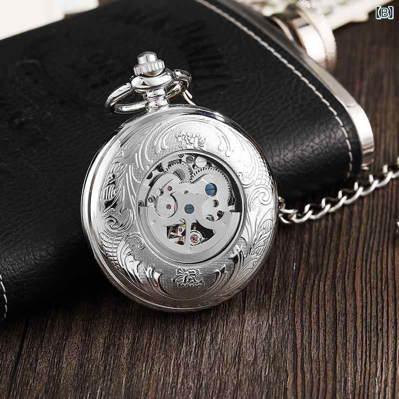 懐中時計 メンズ 男性用 スケルトン ローマ数字 シルバー オープンフェイス 機械式2