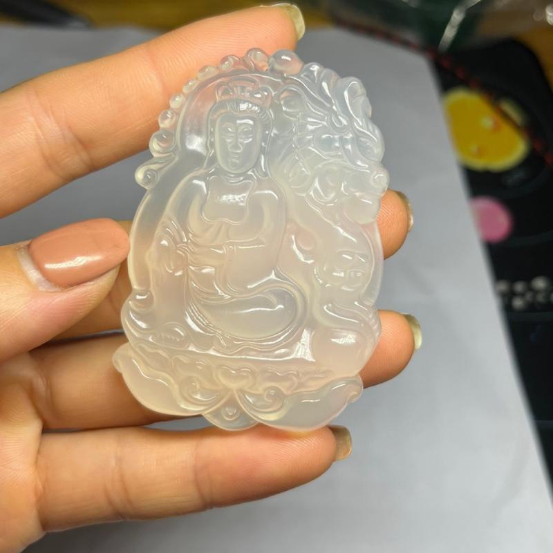 ネックレス 天然瑪瑙 瑪瑙玉髄 観音 ペンダントトップ 男性用 女性用 ホワイト グリーン 中古風2