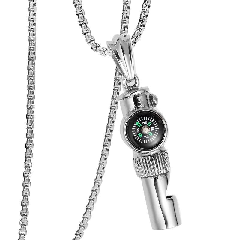 ネックレス メンズ 男性用 チタン鋼 幾何学模様 ペンダント アクセサリー 個性派 笛 コンパス 電気メッキ加工 スタイル シルバー2(4)