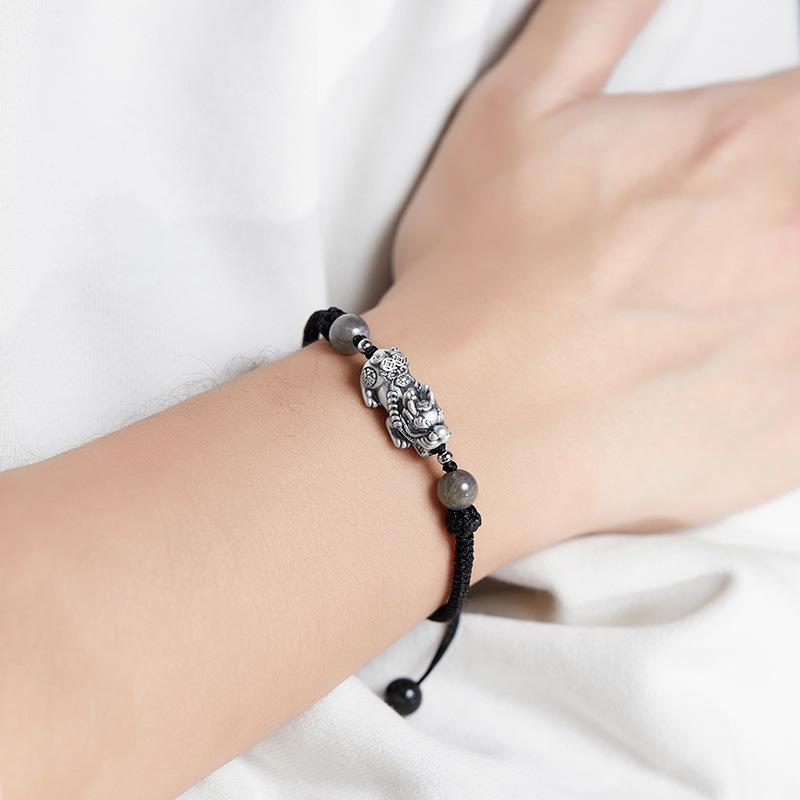 メンズ ブレスレット 福 貔貅 ヘマタイト オブシディアン 編み込み レトロ 高級感 お守り ラッキーアイテム 男性用 ハンドメイド