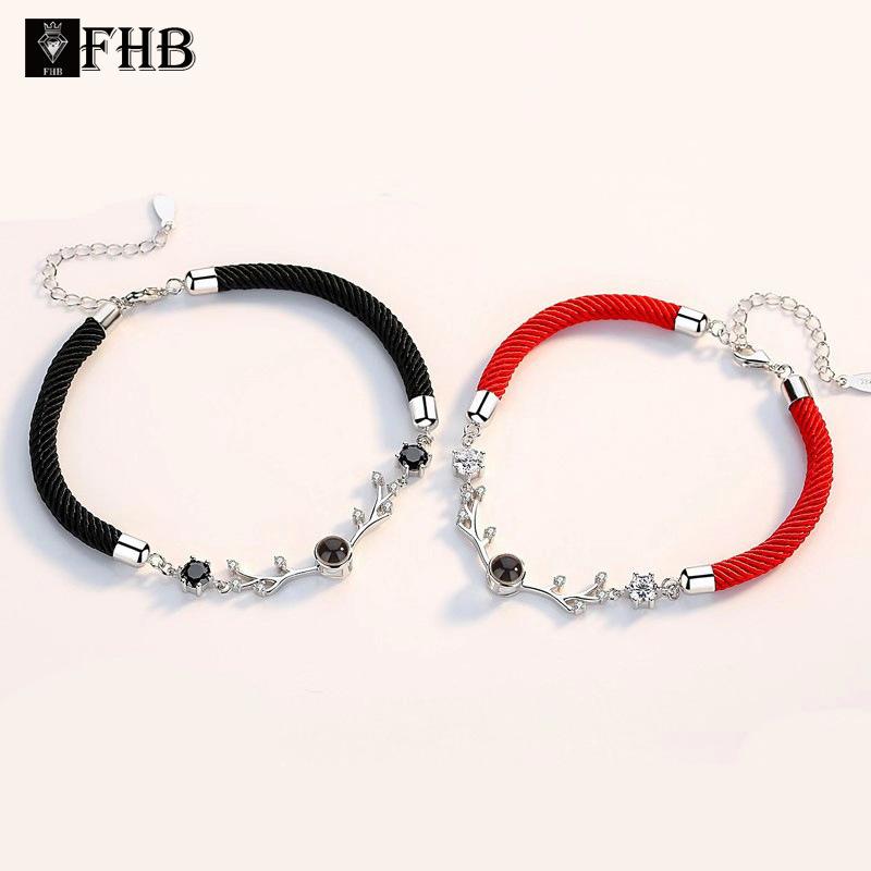 ブレスレット ペア シルバー925製 シカモチーフ カップル 投影 100種の言語 組み紐 黒紐 赤紐 アニマルモチーフ 電気メッキ加工