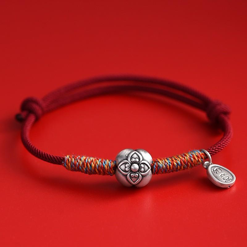 ブレスレット 男女兼用 999純銀 柿モチーフ 手編み 赤紐 ラッキーアイテム アレルギー対応