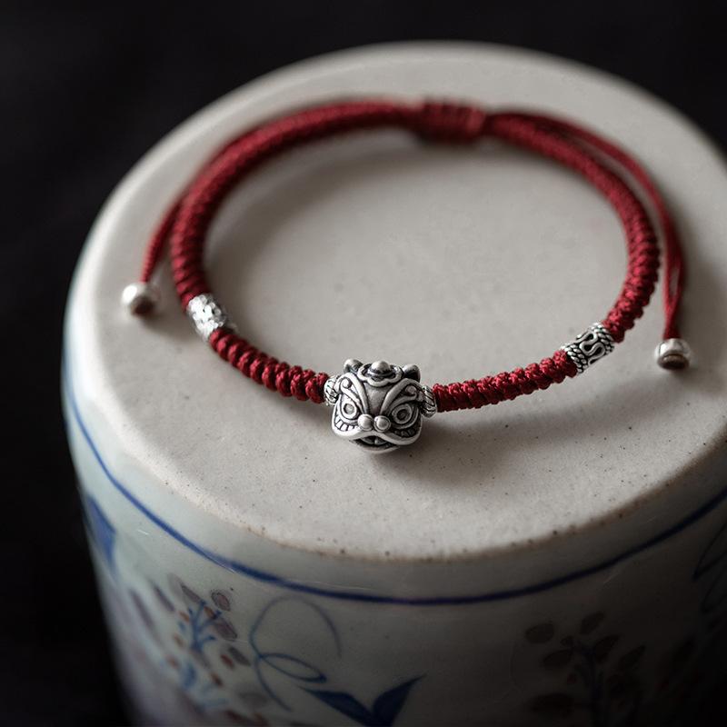 ブレスレット メンズ S999 純銀 獅子モチーフ 編み込み 紐 縁起物 お守り ブラック 酒 красный