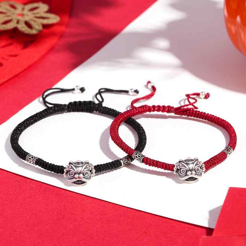 ブレスレット ペア S999 シルバー 獅子モチーフ 手編み 赤紐 お守り 男女兼用 誕生日 ギフト 国風 幸運 ラッキーアイテム 電気メッキ加工2
