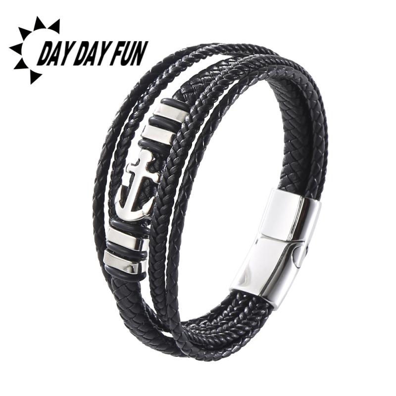 ブレスレット メンズ レザー 牛革 手編み ステンレス マグネット留め具 ヴィンテージ風 男性用 リストバンド アクセサリー 黒 ブラック ブラウン2