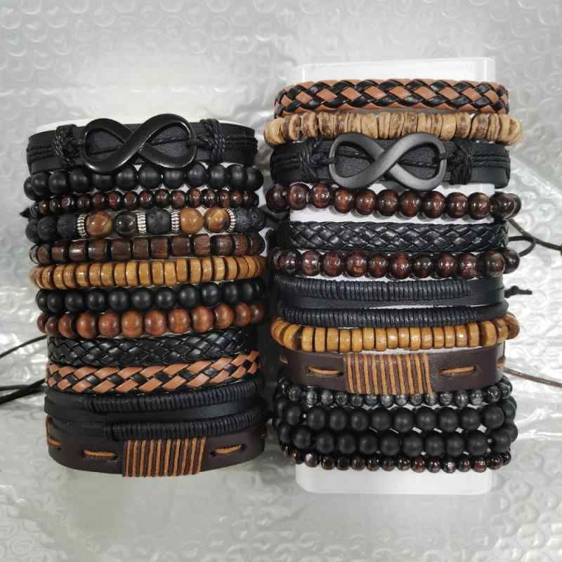 楽天リモコンタウンエコ 楽天市場店ブレスレット メンズ 男性用 レザー ウッドビーズ 手編み込み レトロ 幾何学模様 多数色2