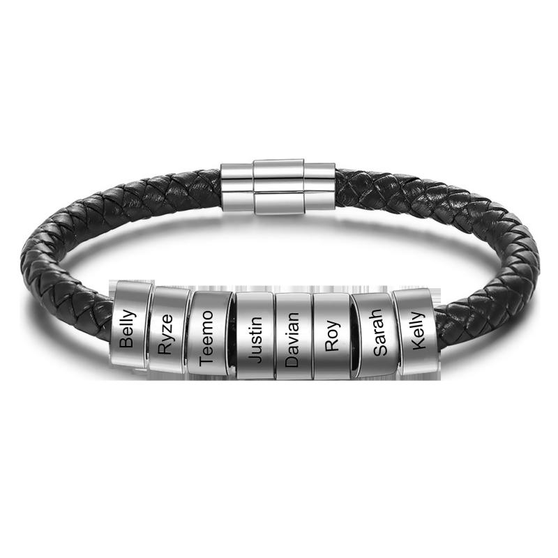 ブレスレット メンズ 男性用 レザー 手編み シルバー ステンレス アクセサリー パーティー 普段使い ラッキーアイテム