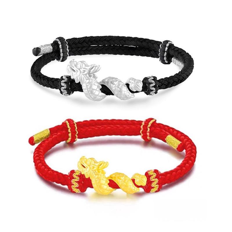 ブレスレット メンズ レディース 本命年 辰年 ドラゴンモチーフ シルバー999 赤紐 手編み ペア お守り 開運 中華風 アジアンテイスト