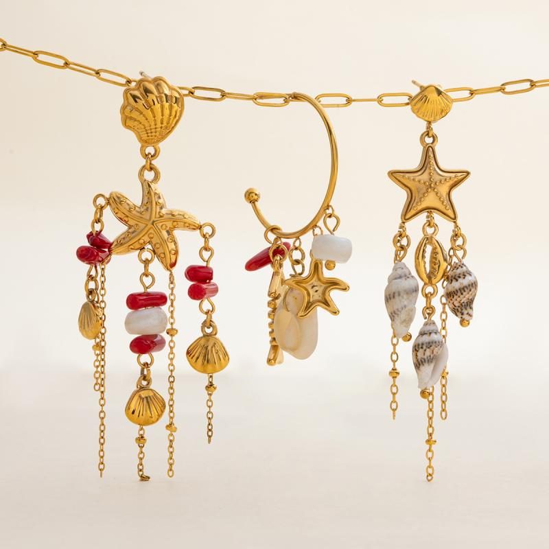 イヤリング レディース 女性用 ボヘミアン 珊瑚 シェル 貝殻 海星 タッセル 耳飾り レッド 赤系