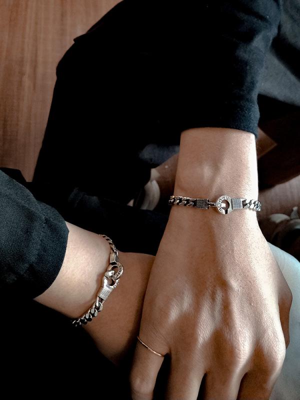 ペアブレスレット 男性用 女性用 幾何学模様 シルバー 電気メッキ加工 タンクチェーン 鎖 タイ風 レト..