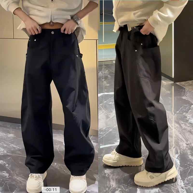 パンツ 男性用 立体裁断 大ポケット リラックス ワイドレッグパンツ 高腰 春物 薄手 普段使い デイリー グリーン ブラック系(3)