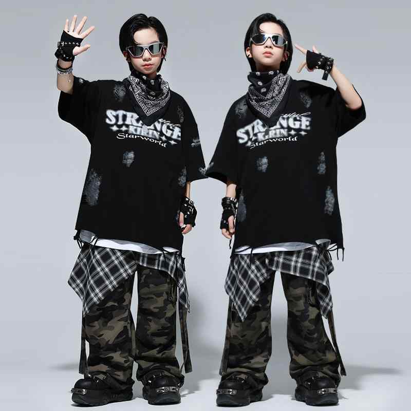 ダンス衣装 キッズ ヒップホップ 子供 ダンス 服装 演出服 男の子 女の子 半袖 トップス 迷彩 パンツ ..