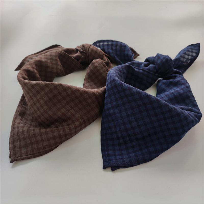 バンダナ メンズ レディース リネン コットン 格子柄 深青 黒 茶色 春
