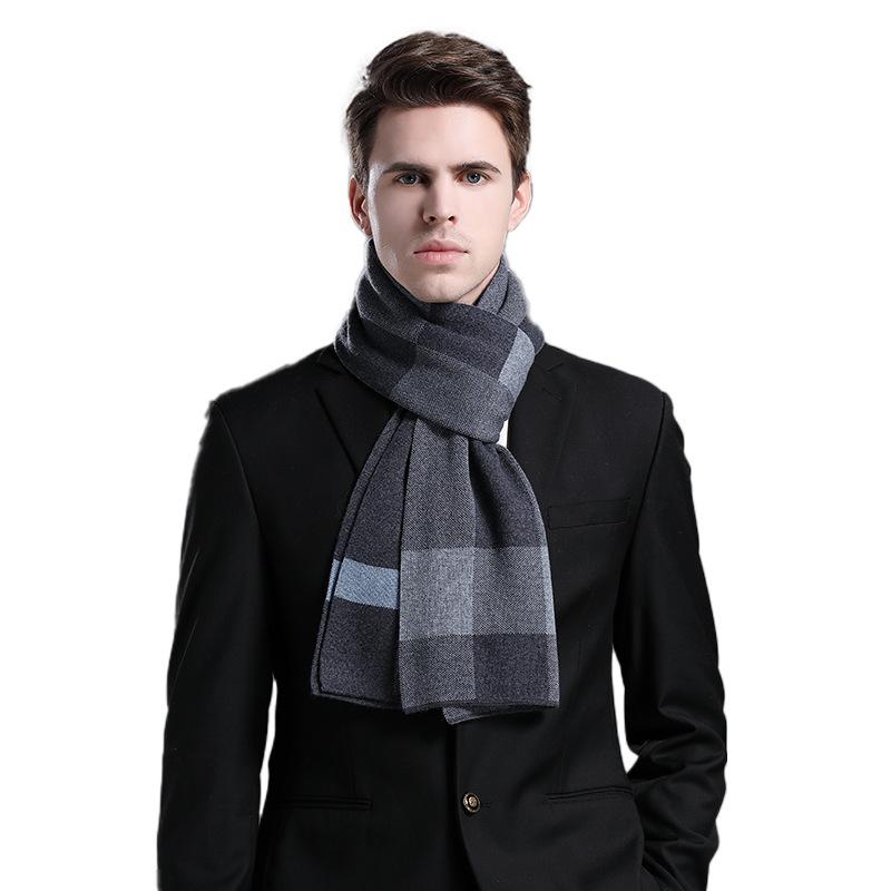 マフラー 男性用 ウール 提花 格子柄 ニット 厚手 保温 防寒 グレー 赤 誕生日 ギフト 贈り物 秋冬
