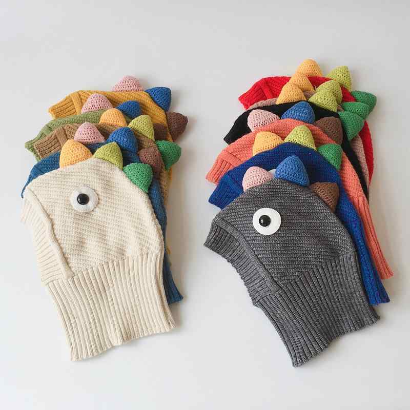 帽子 キッズ ベビー ニット帽 マフラー 一体型 秋冬 防寒 恐竜 耳保護 ベージュ イエロー カーキ ピン..