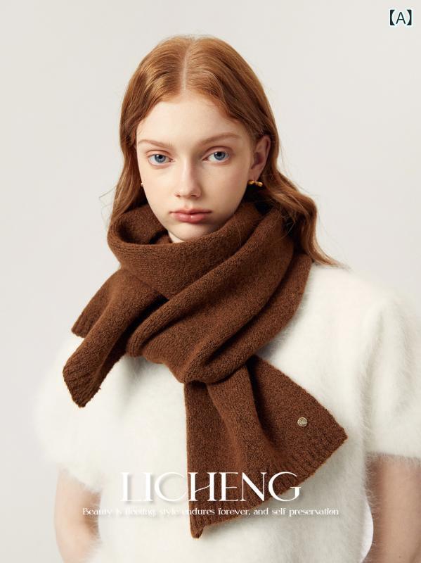 マフラー レディース メンズ 秋冬 保温 混紡 ニット ストール チョコレートブラウン ベージュ オートミール ホワイト グレー ピンク パープル バーガンディ ネイビー カーキ