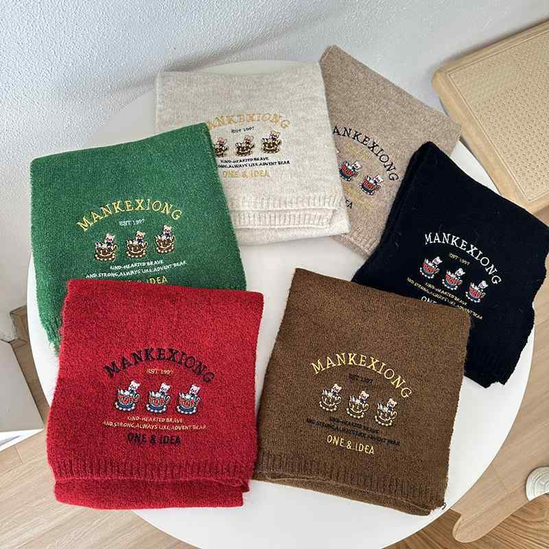 マフラー かわいい レディース 小熊 刺繍 ニット 秋冬 防寒 暖かい ショール ストール 男性用 カーキ ブラック ブラウン ホワイト レッド グリーン2