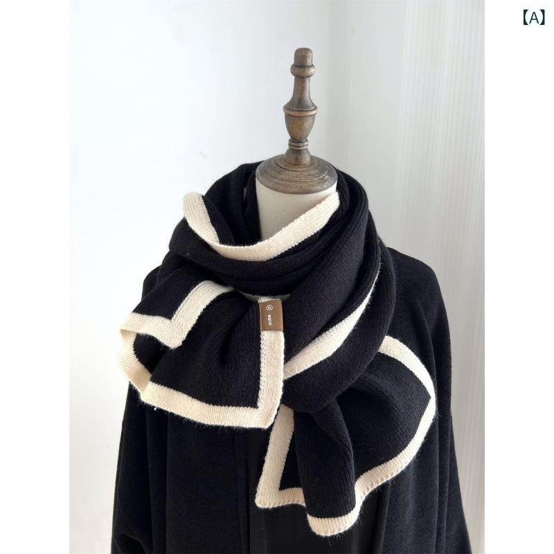 マフラー ストール 秋冬 ニット 黒白 バイカラー 小さめ フレーム ウール 暖かい 男女兼用 ブラック グ..