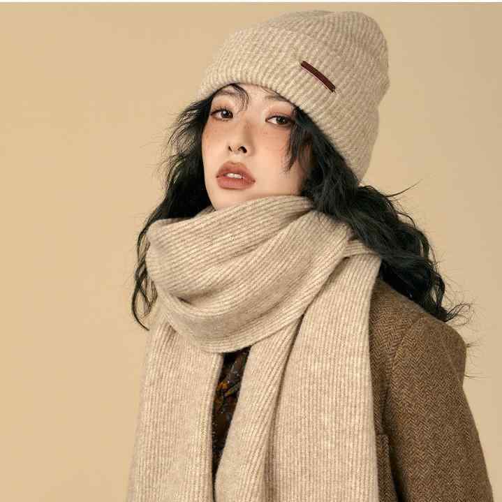 マフラー レディース 秋冬 ウール混 無地 ニット 防寒 あったか ベージュ系 カップル メンズ ネックウ..