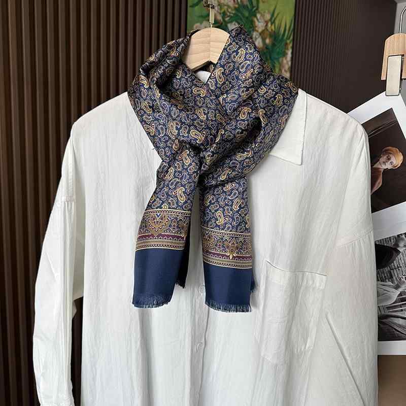 マフラー 男性用 シルクスカーフ ペイズリー柄 カシューナッツ柄 シルク100% 絹 上品 ビジネス 保温 防..