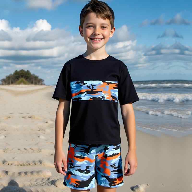 水着 キッズ 男の子 セパレート 子供用 スイムウェア 8歳 9歳 10歳 11歳 12歳 半袖 ショートパンツ 迷彩柄 速乾性 ビーチ 海水浴 練習用 普段使い ポリエステル ブラック