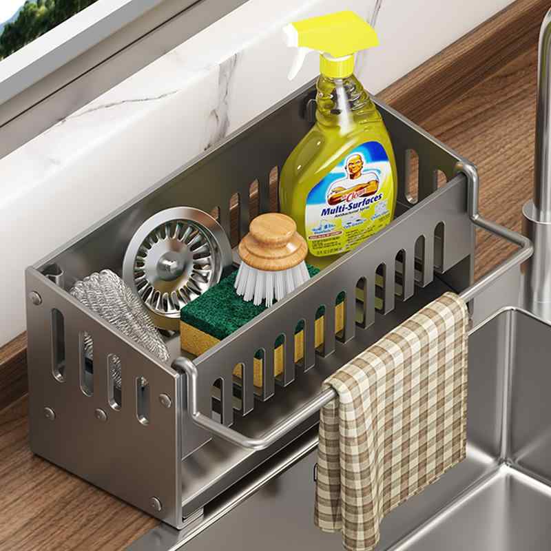 キッチン収納 スポンジラック 蛇口ホルダー たわし入れ 雑巾掛け 多機能 シンク収納 伸縮式 スポンジ置..