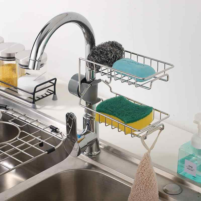 キッチン スポンジ ラック ステンレス 蛇口 ホルダー 壁掛け 多機能 収納 洗剤置き たわし入れ2