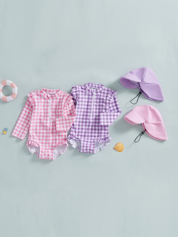 水着 女の子 ベビー 連体 格子柄 帽子付き ポリエステル ピンク系 紫色 80 90 100 110 120