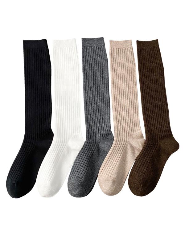 靴下 レディース 長め リブ編み コットン混紡 ソックス 黒 白 グレー カーキ 長筒 ストッキング風 春夏