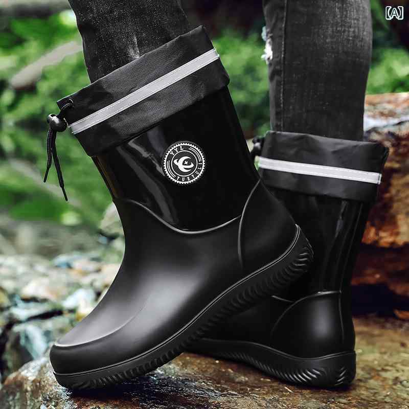 雨靴 男性用 防水シューズ ショートブーツ レザー切り替え ブラック 黒 レッド 赤 スリップオン 釣り フィッシング 普段使い 四季