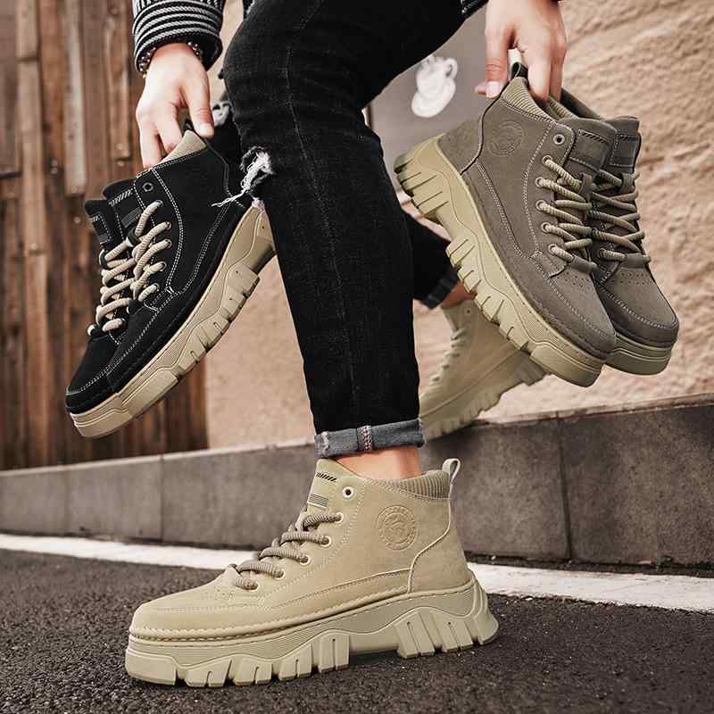 ブーツ 男性用 メンズ 厚底 ワークブーツ レースアップ ラウンドトゥ 紳士靴 カジュアル 普段使い 旅行 アウトドア ブラック カーキ