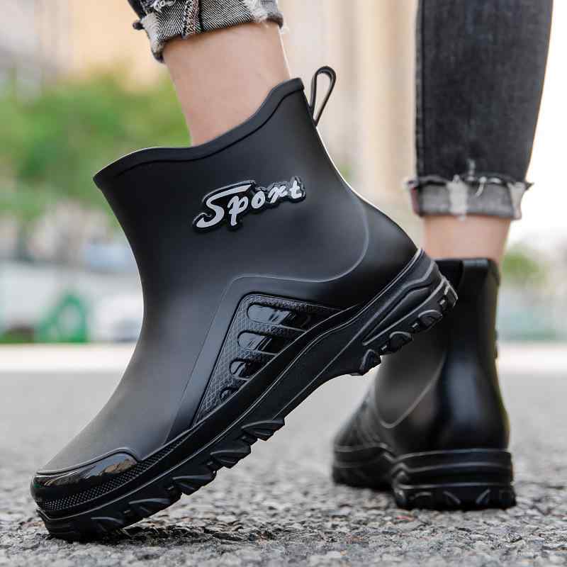 レインブーツ 男性用 ショート 防水 滑り止め 耐摩耗 PVC キッチン 厨房 ワークブーツ 平底 ローカット 黒 赤 グレー