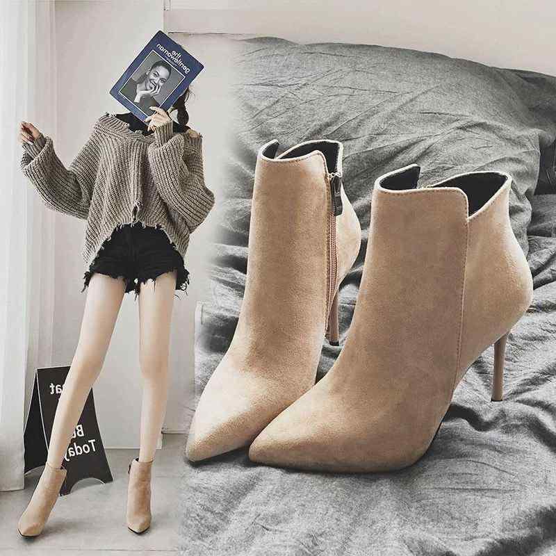 ブーツ レディース 秋冬 ショートブーツ ハイヒール ポインテッドトゥ チャンキーヒール スエード スム..