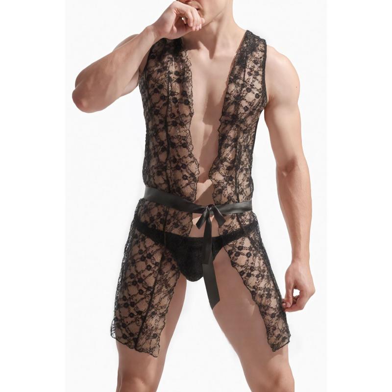 メンズ パジャマ 男性用 レース シースルー 紐パン ローブ フード付き バスローブ 寝間着 部屋着 リラ..