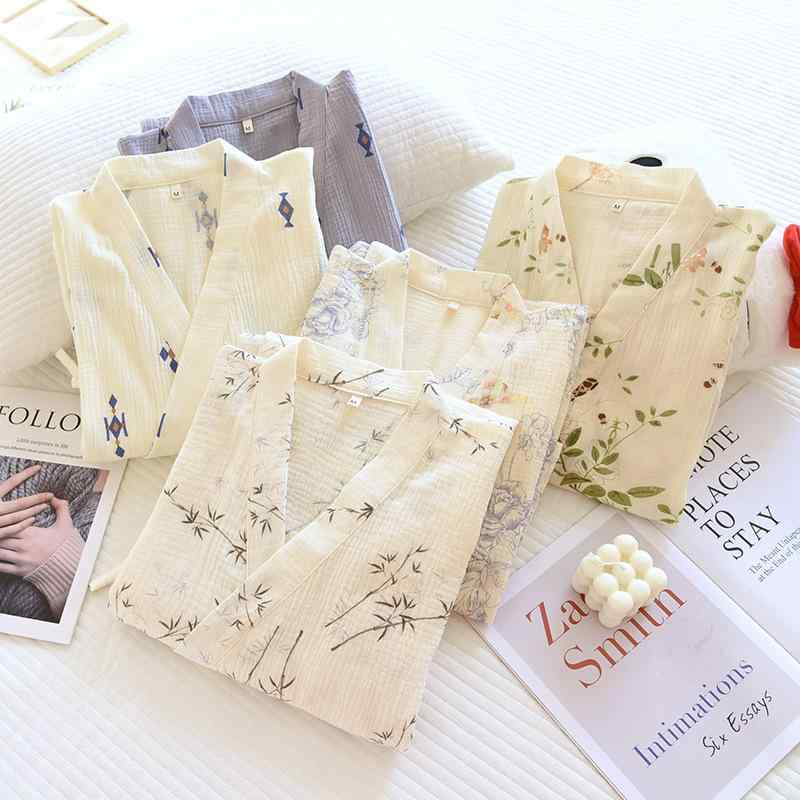 パジャマ レディース 春秋 ガーゼ 和風 浴衣 寝巻き ワンピース ロング丈 Vネック 綿 薄手 部屋着 リラックスウェア 竹葉 仙草 花柄 米底方塊 藍底方塊