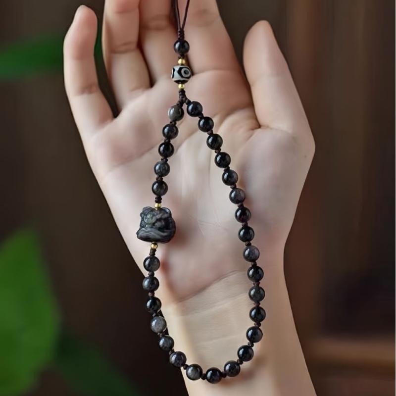 ストラップ キーホルダー 黒曜石 醒獅 手編み ハンドメイド バッグチャーム ユニセックス メンズ レディース シルバーオブシディアン