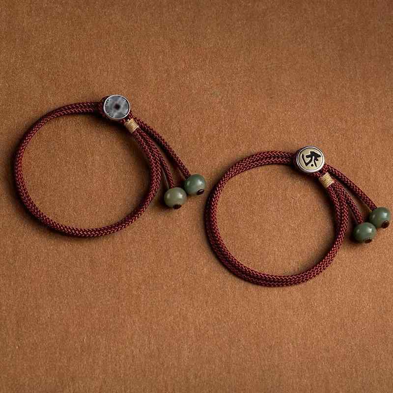 ブレスレット レディース メンズ ペア 手編み 纯銀 龍 干支 守り本尊 民族風 酒红色 浅咖色 黒 ラッキーアイテム