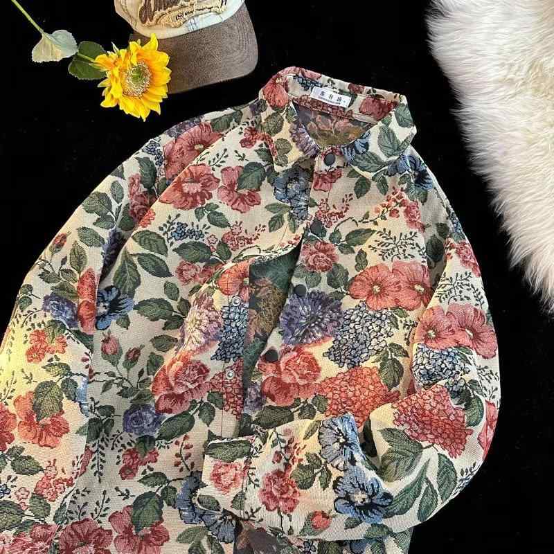 シャツ メンズ 長袖 中華風 レトロ 提花 織柄 ゆったり トップス 酢酸繊維 ポリエステル 花柄 アジアン..