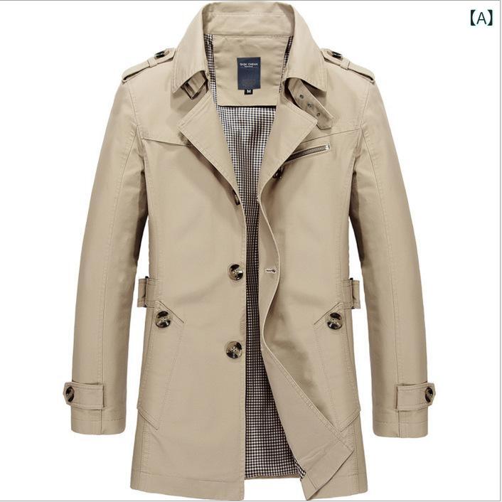 コート メンズ 男性用 スプリングコート 秋冬 ミドル丈 コットン 襟付き 無地 カーキ ブラック 大きいサイズ