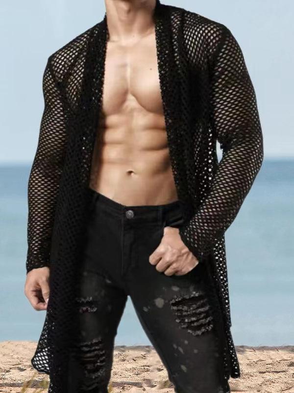 メンズ Tシャツ 男性用 メッシュ シースルー カーディガン 長袖 トップス 舞台衣装 ストリート 普段使い ブラック 黒 ポリエステル 通気性