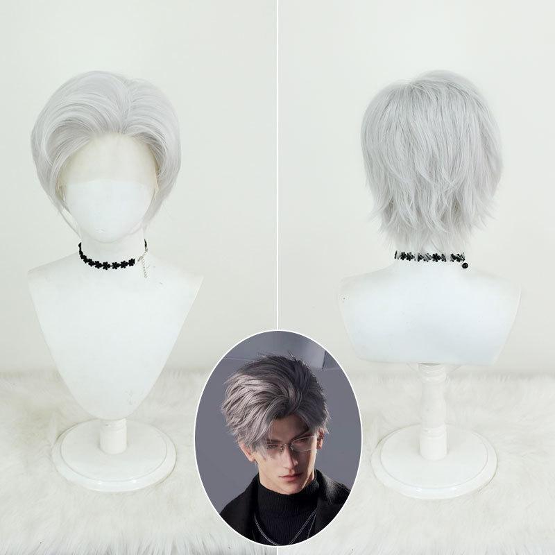 コスプレウィッグ 男性用 ショート 深グレー 手植え レース 高温耐熱 コスプレ イベント パーティー