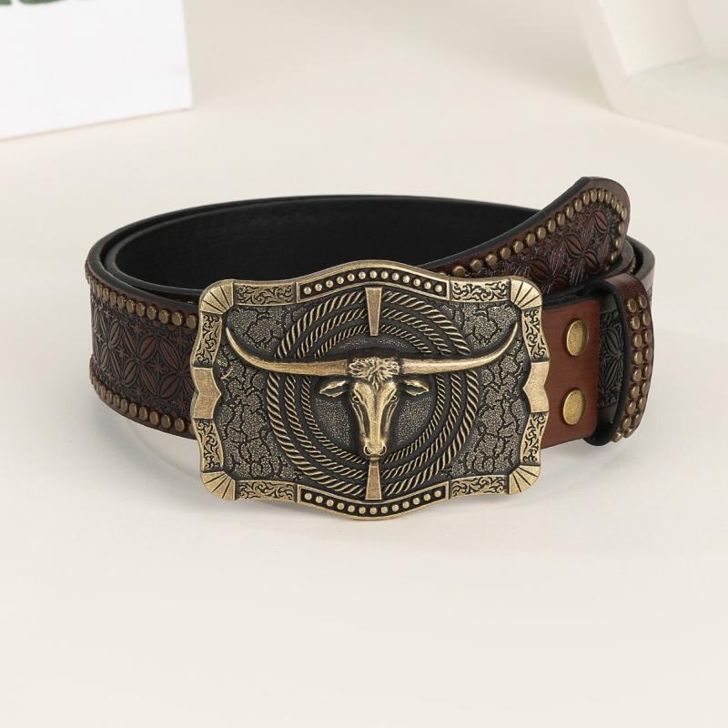 ベルト 男性用 牛柄 型押し バックル 合金 ウエストバンド 個性派 栗色 レトロ アフリカ 南米 東南アジ..